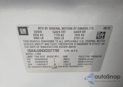 2012 GMC Terrain Slt-1 z USA, uszkodzony, nr VIN 2GKALUEKXC6377786